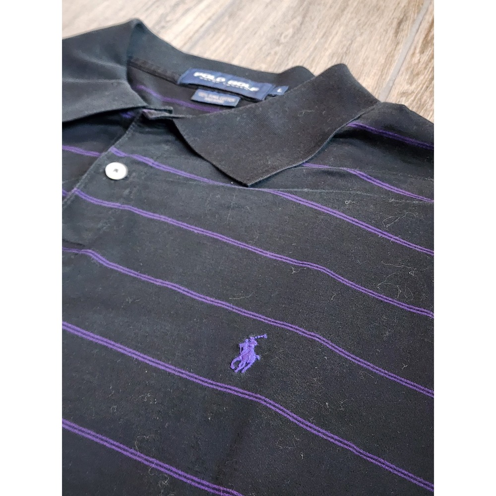 Polo Golf Ralph Lauren Mens Large Black Purple Striped Pima Cotton Polo Shirt